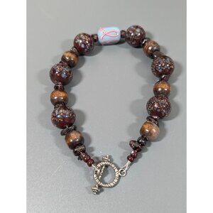 Boho Western‎ Brown Wood Art Glass Toggle Bracelet Awareness Bead 9 in